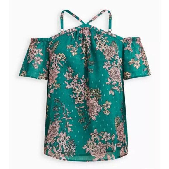 Torrid Top size 2 2X 18 20 Cold Shoulder Halter Crinkle Chiffon Floral Green - Picture 6 of 10